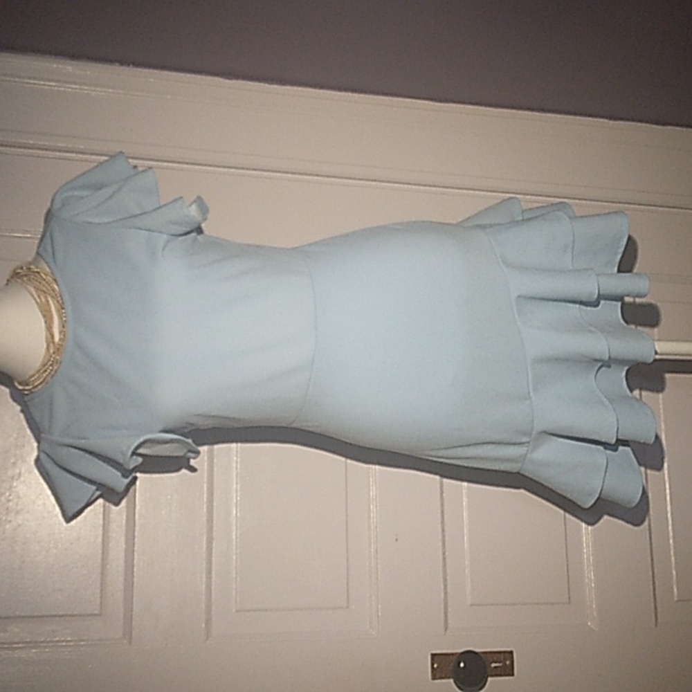 "SWdress" Flirty blue mini dress, ruffled sleeves and hem. w/ slight hi-lo lf/rt